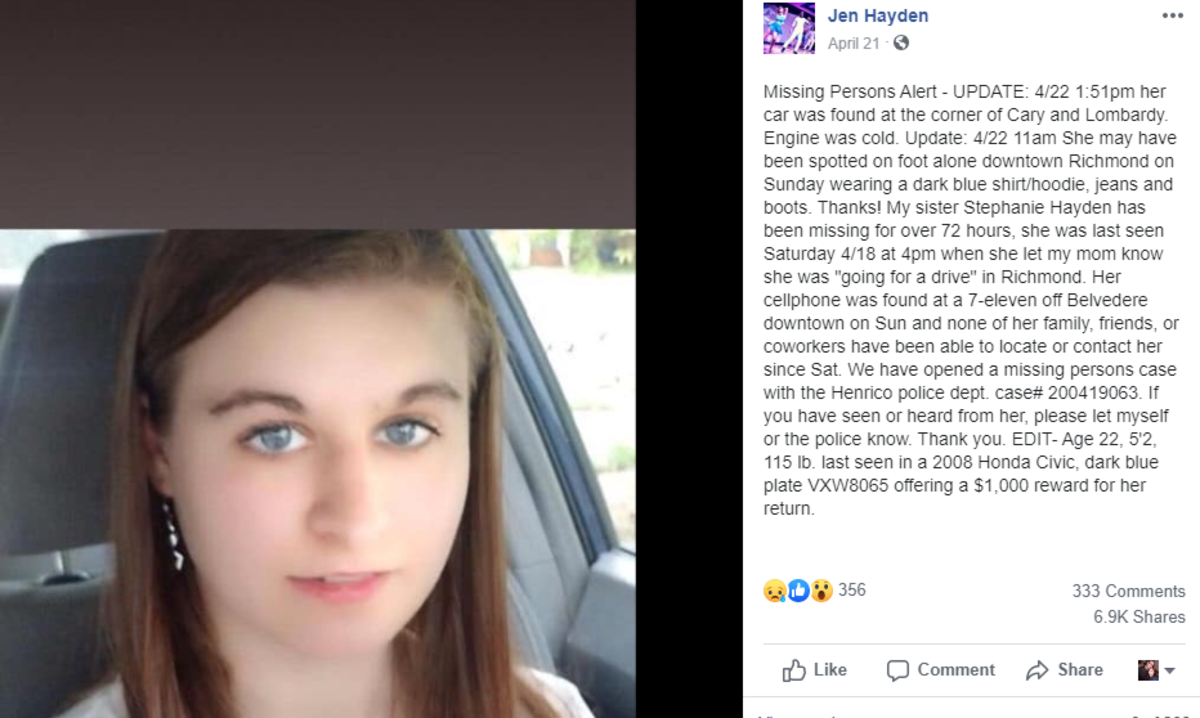 Public Facebook post by missing woman's sister