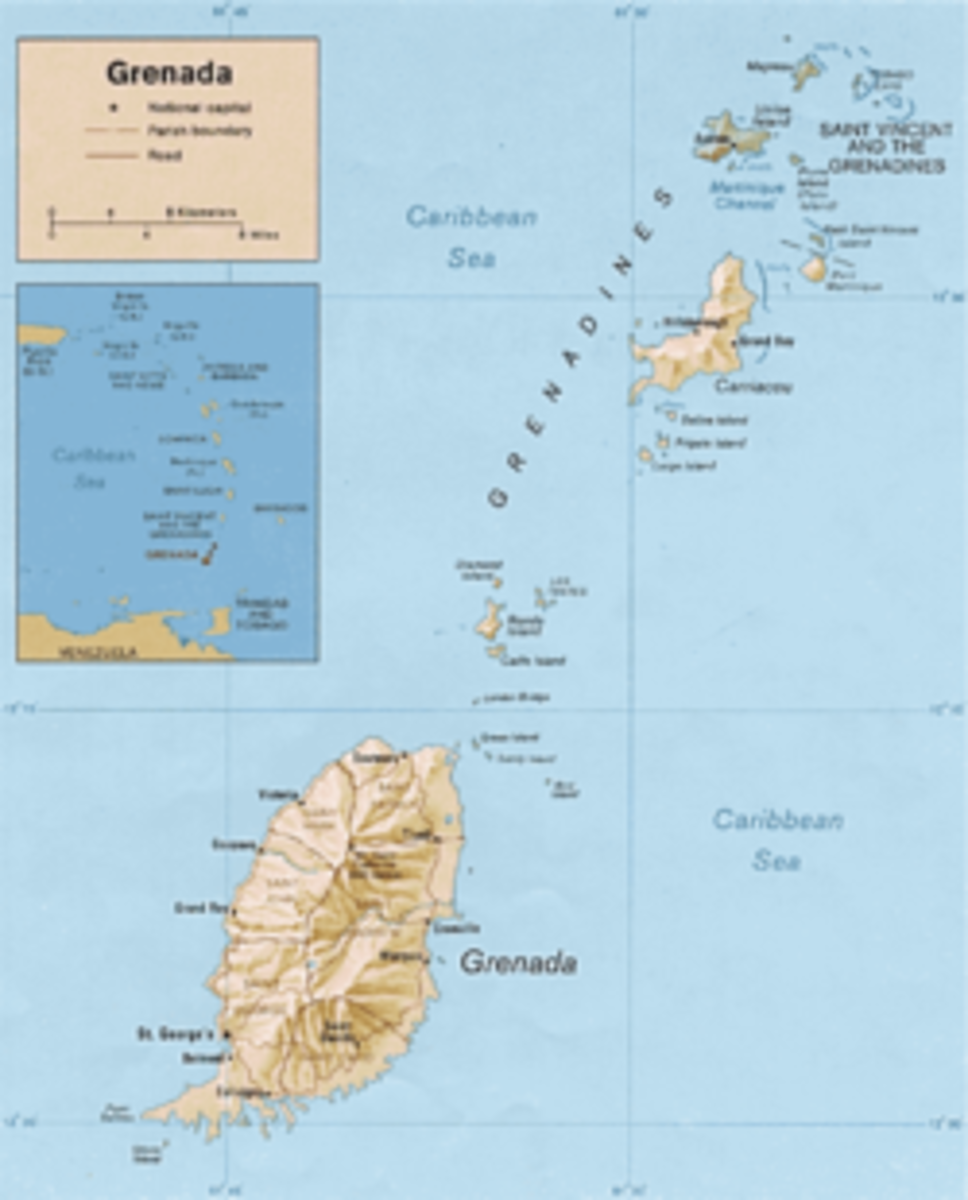 Grenada is part of a string of islands, located in the West Indies, dividing the Caribbean and Atlantic Oceans. Between these islands and Venezuela are Trinidad and Tobago (where steel drums were invented) and the Dutch colony of Aruba.