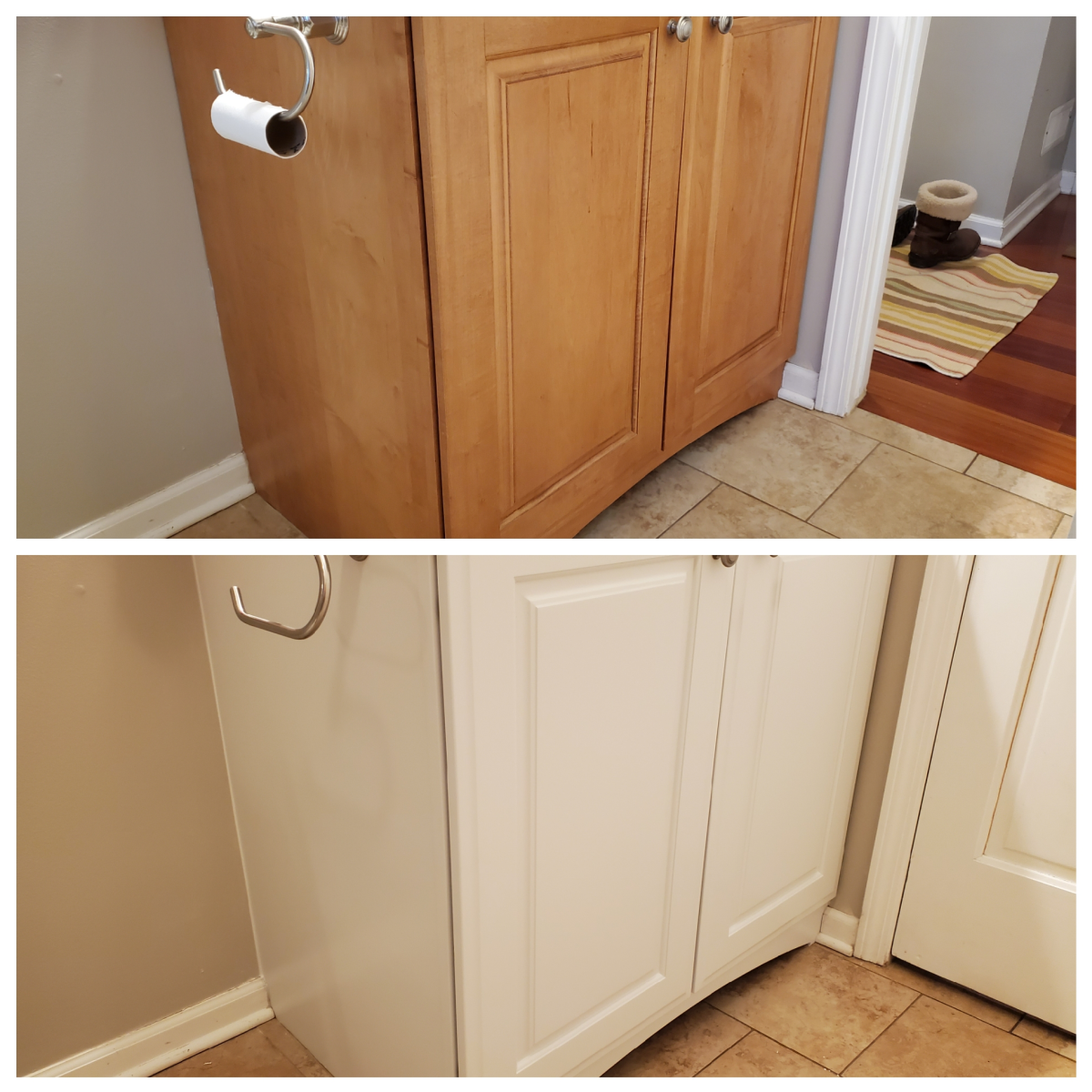More before and after photos of the bathroom vanity.