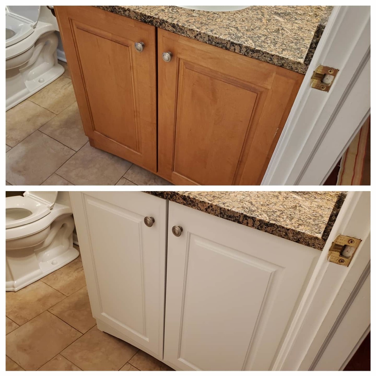 Here are before and after photos of a maple bathroom vanity I spray painted white.