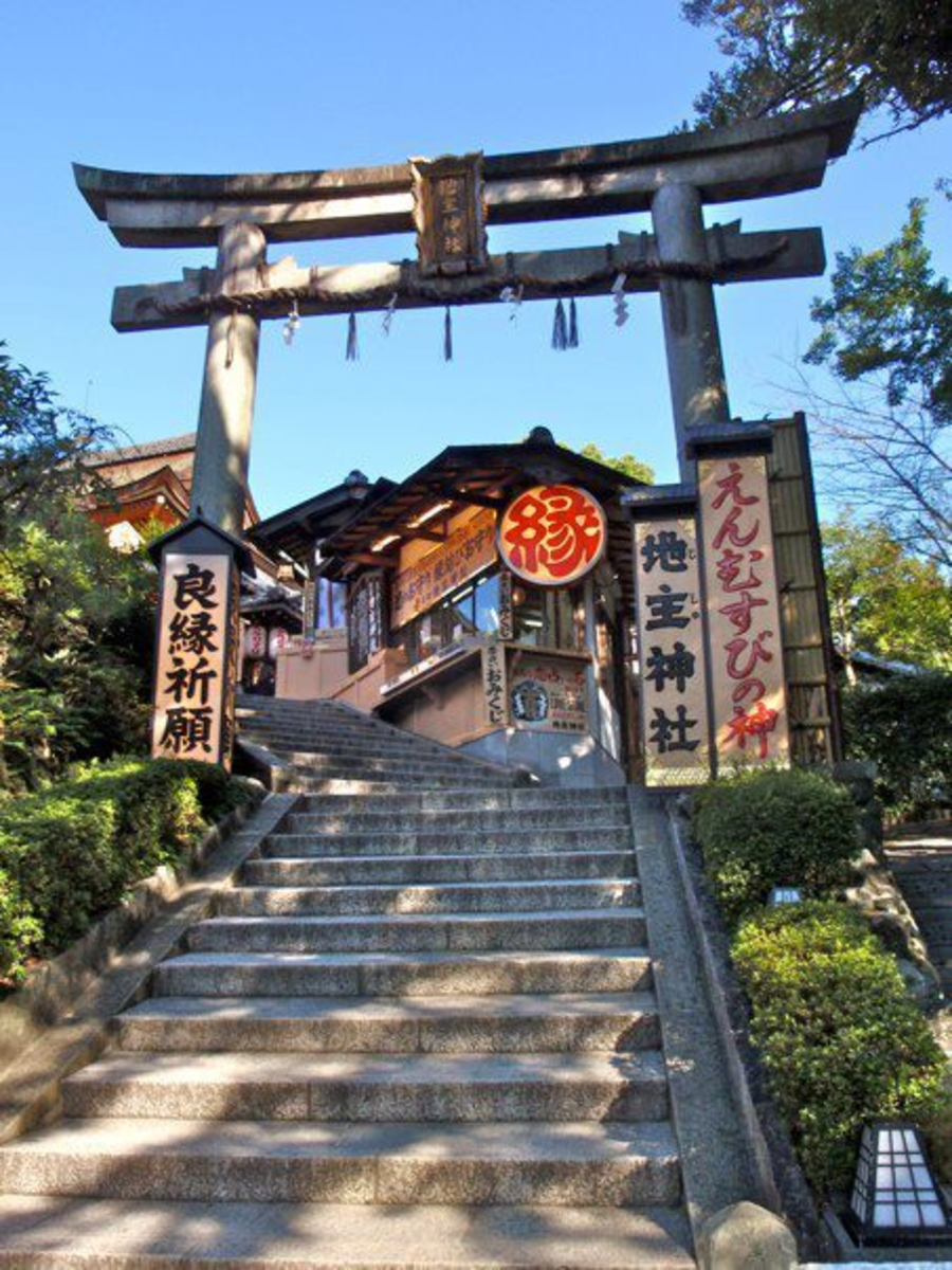 Entrance to Jishu Shrine. The shrine is conveniently located within the grounds of Kyoto's famous Kiyomizu-dera.