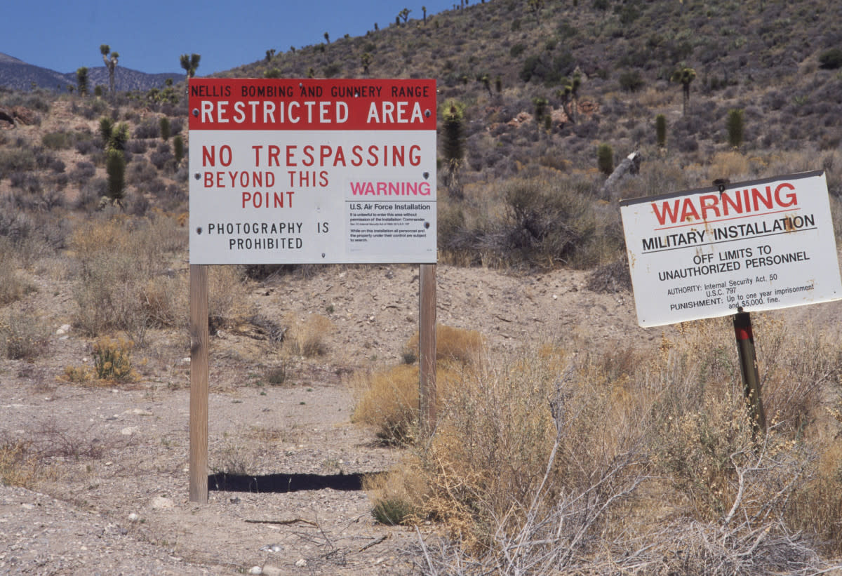 Each road that takes you to Area 51 are these serious caution signs that say that if you trespass, you will be shot.