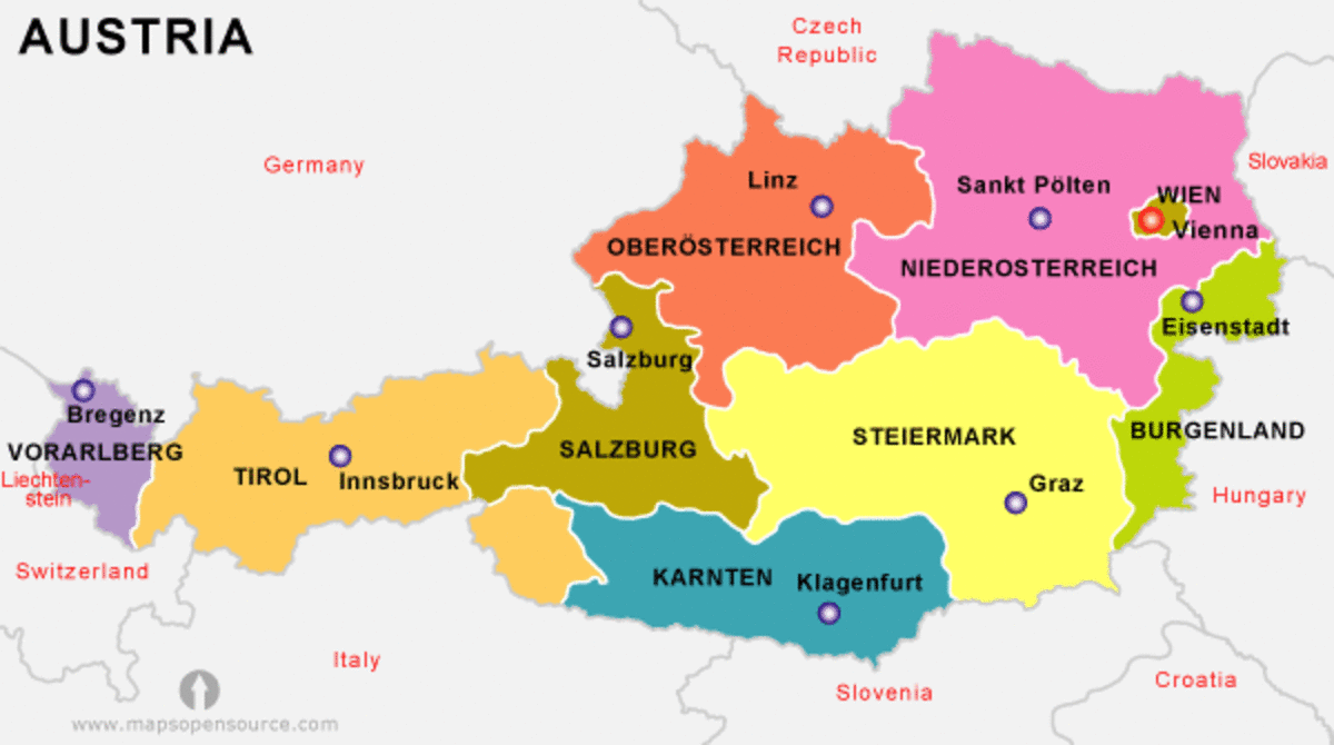 The states of Austria including Burgenland in the east