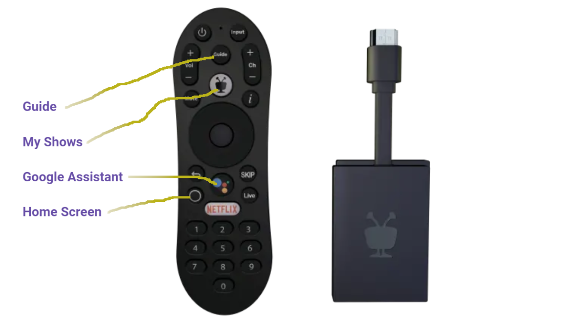 The Guide, Home, My Shows, and Google Assistant buttons on the Tivo Stream 4K remote control make it easy to access the various displays