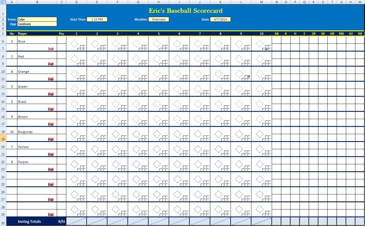 Printable Sheet Baseball Scorecard
