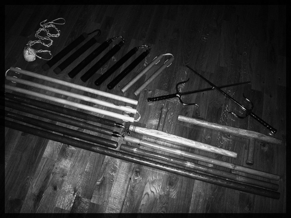 Various Martial Arts Weapons With Jo Staff in Front