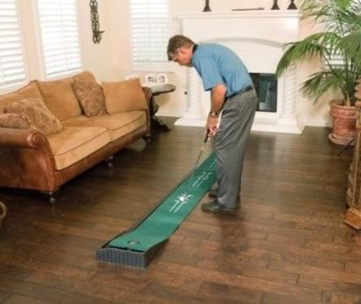 An indoor putting green.