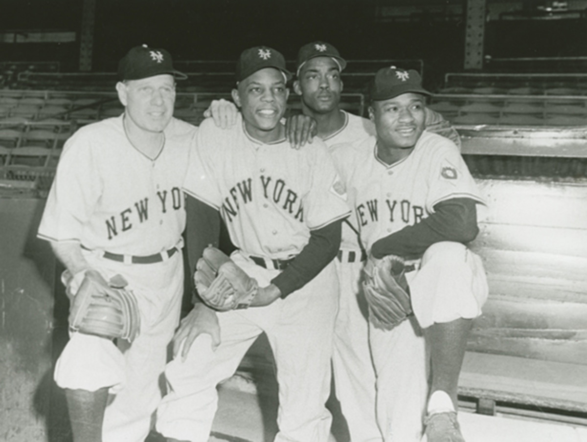 L-R: Manager Leo Durocher, Willie Mays, Monte Irvin, and Hank Thompson 