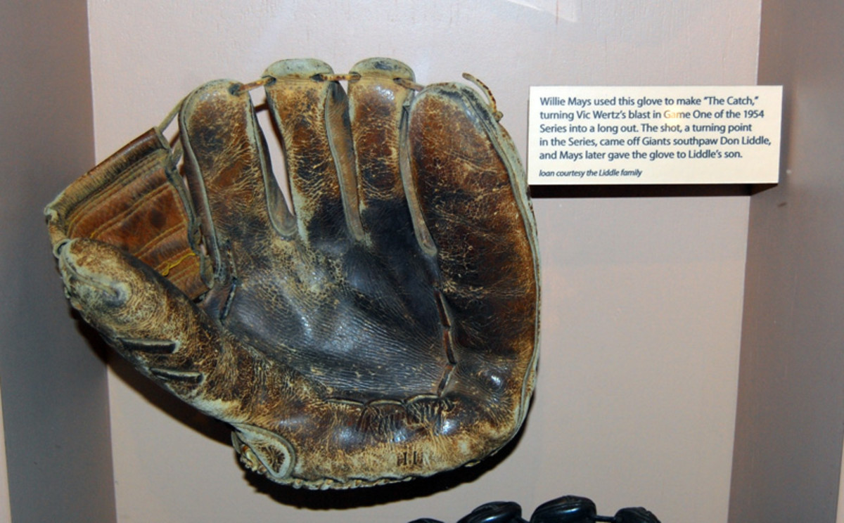 The mitt that made the play that day is displayed under glass in the Baseball Hall Of Fame in Cooperstown, N.Y.   