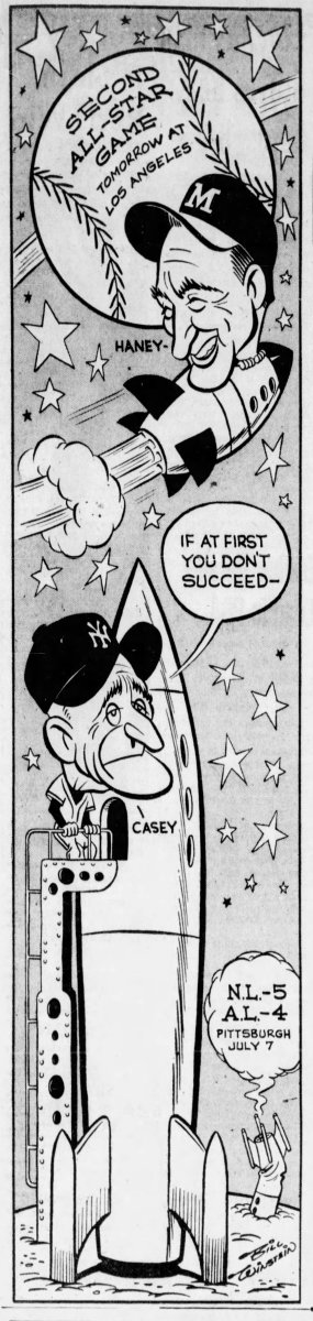 An editorial cartoon previewing the second All-Star game held in Los Angeles in 1959.
