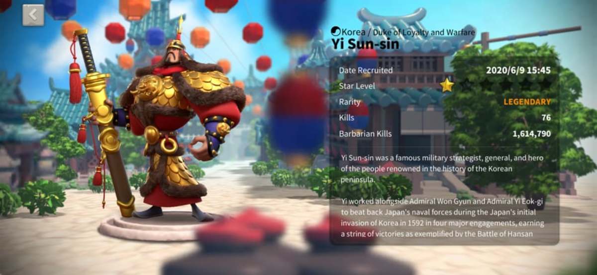 Yi Sun-Sin Profile Page in "Rise of Kingdoms"
