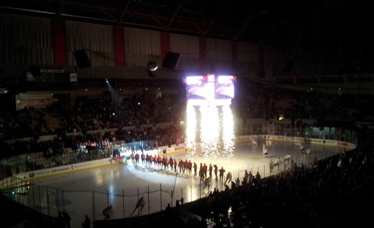 An ice hockey game about to start in the main arena