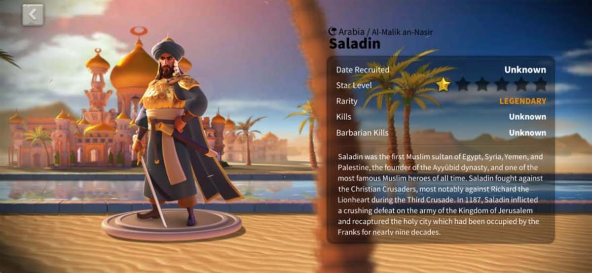 Saladin Profile Page in "Rise of Kingdoms"