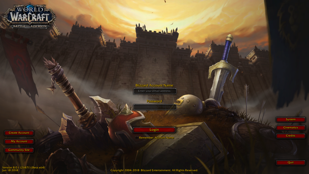 The current login screen for the Battle of Azeroth expansion.