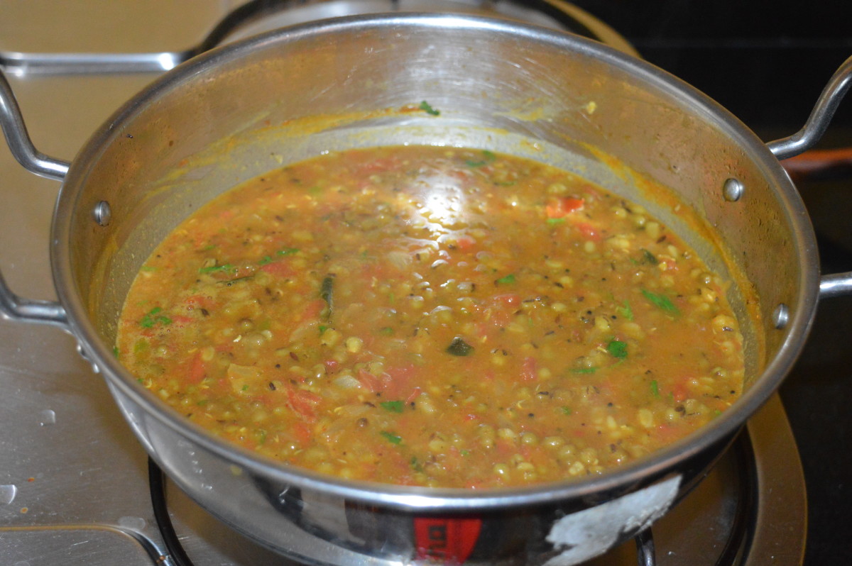 Add chopped coriander leaves. Mix well. Your favorite mung beans curry is ready to serve! Transfer it to a serving dish.