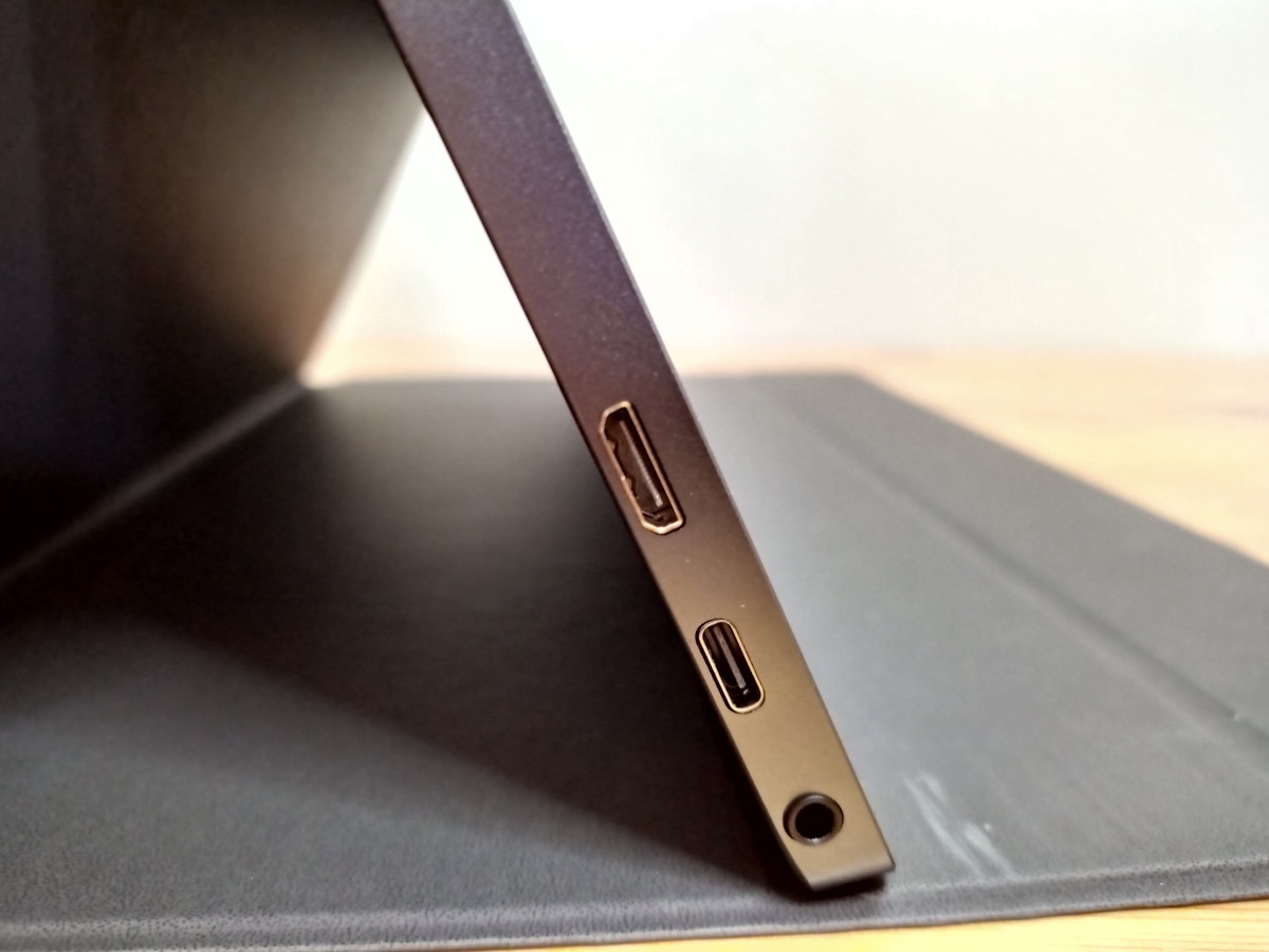 Left edge of monitor is fitted with a full featured USB-C port, mini HDMI port and an auxiliary output for headphones