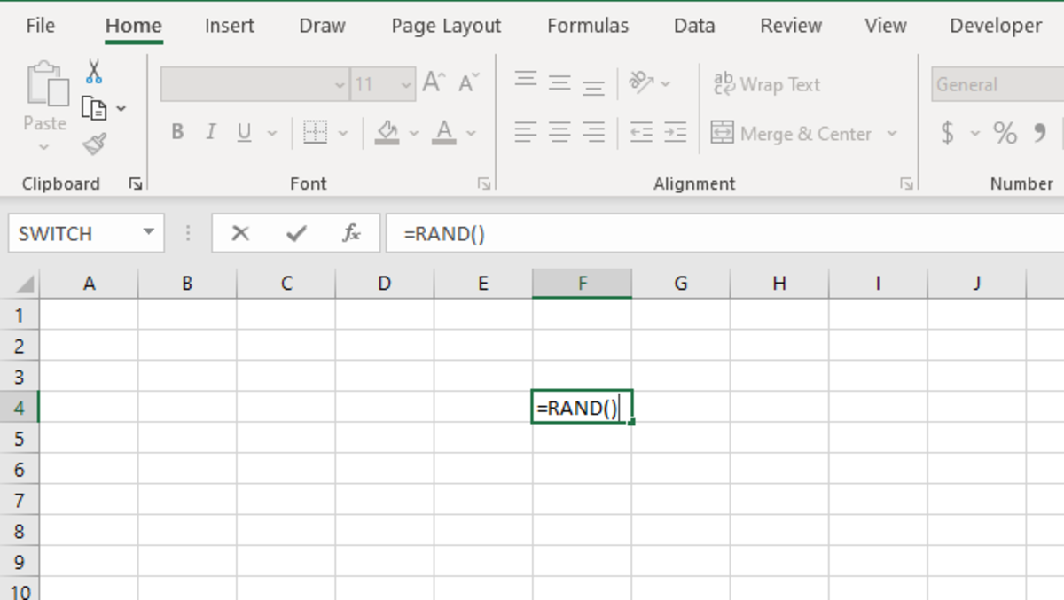The illustration above shows the RAND function entered into a cell in Excel. Alone, the RAND function can provide a random number between 0 and X.  Multiplying this function by multiples of 10 can increase the range of possible results.
