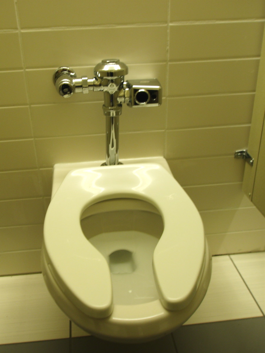 "Wet" toilet in a public restroom in the U.S. shows where flush water is supplied through pipes in the wall.