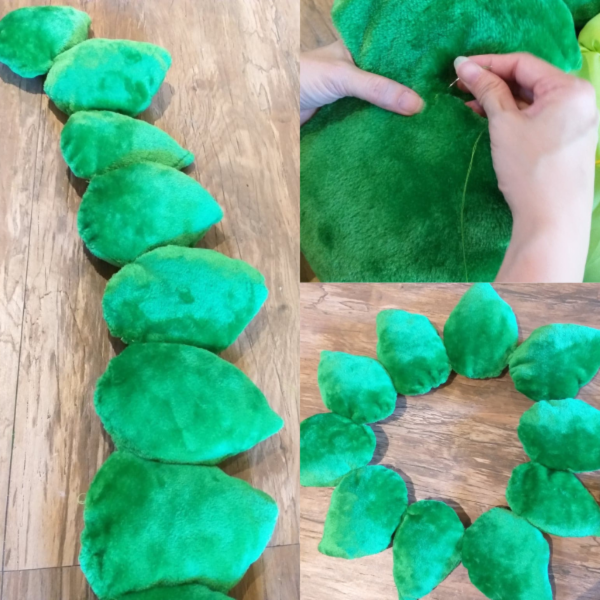 Sew the leaves together in a row, then create a circle by sewing the first and last leaves together.