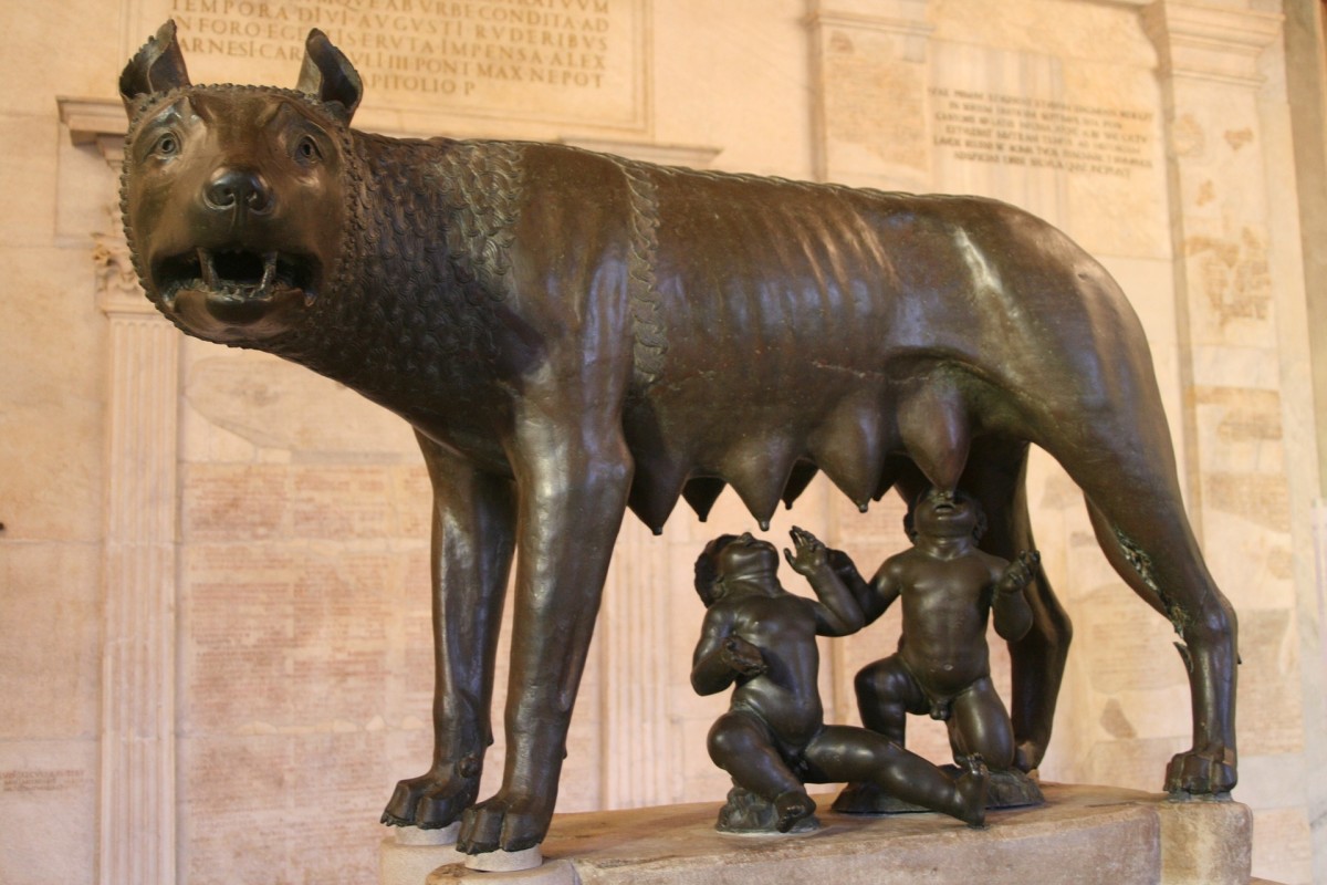 Romulus and Remus, the mythical founders of Rome, having their lunch courtesy of a very patient she-wolf.