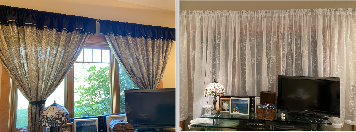 Former, dark curtains.  Newly shortened, light curtains. I made the black and gold ones some years ago.