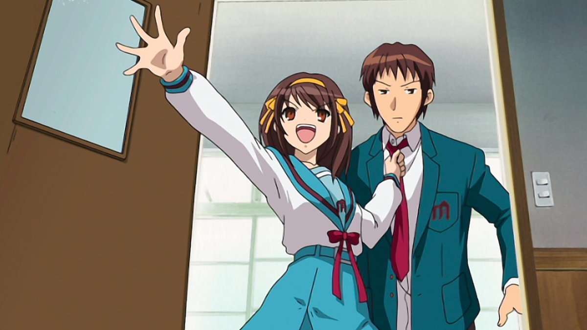Haruhi literally drags Kyon to the first meeting of the SOS Brigade.