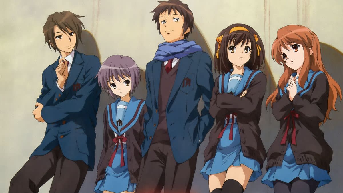 Promotional image for "the Disappearance of Haruhi Suzumiya" featuring the members of the SOS Brigade.