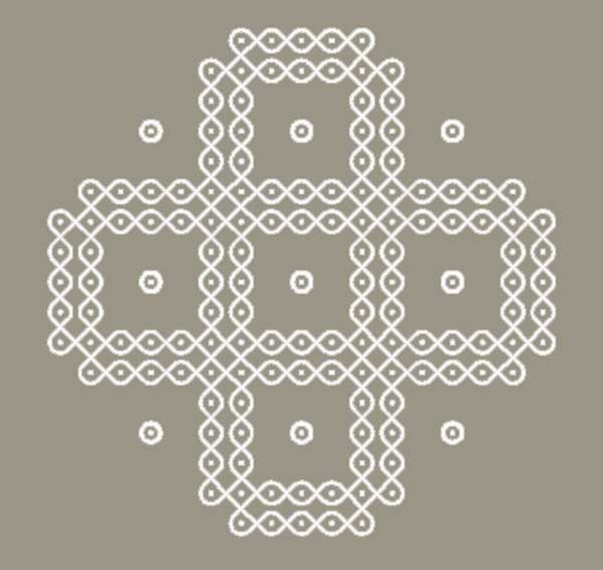 A Kolam pattern that was drawn with curved lines around guiding dots.
