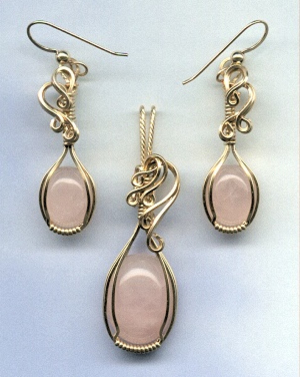 Rose quartz and 14k goldfill wire pendant and earring set, photographed using a scanner.