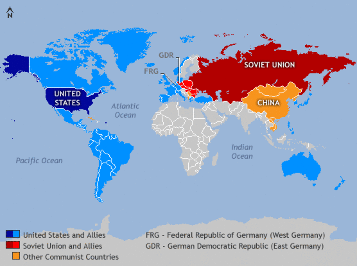 This map shows how the USA and its allies and the Soviet Union and its allies formed opposing blocs of power during the Cold War. Europe was split between the communist allies of the Soviet Union in Eastern Europe and the non-communist allies. 