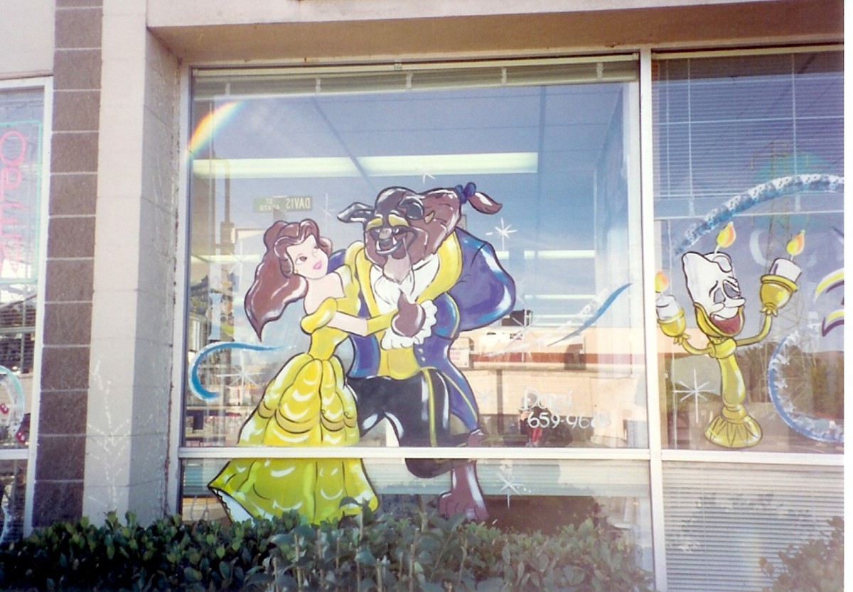 One of my customers, Play It Again Video, hired me to do Disney windows every year. Painting on windows was a lot of fun.