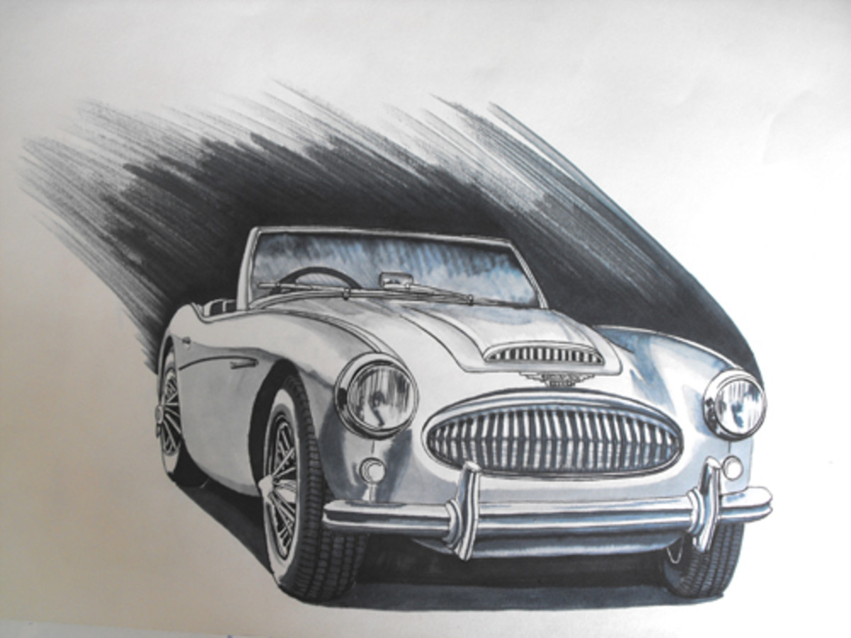 Austin Healey 3000 Mk III, Drawing With technical drawing pen fine line 0.5, marker pens, Green Grey, Blue Grey 1-7 and black.