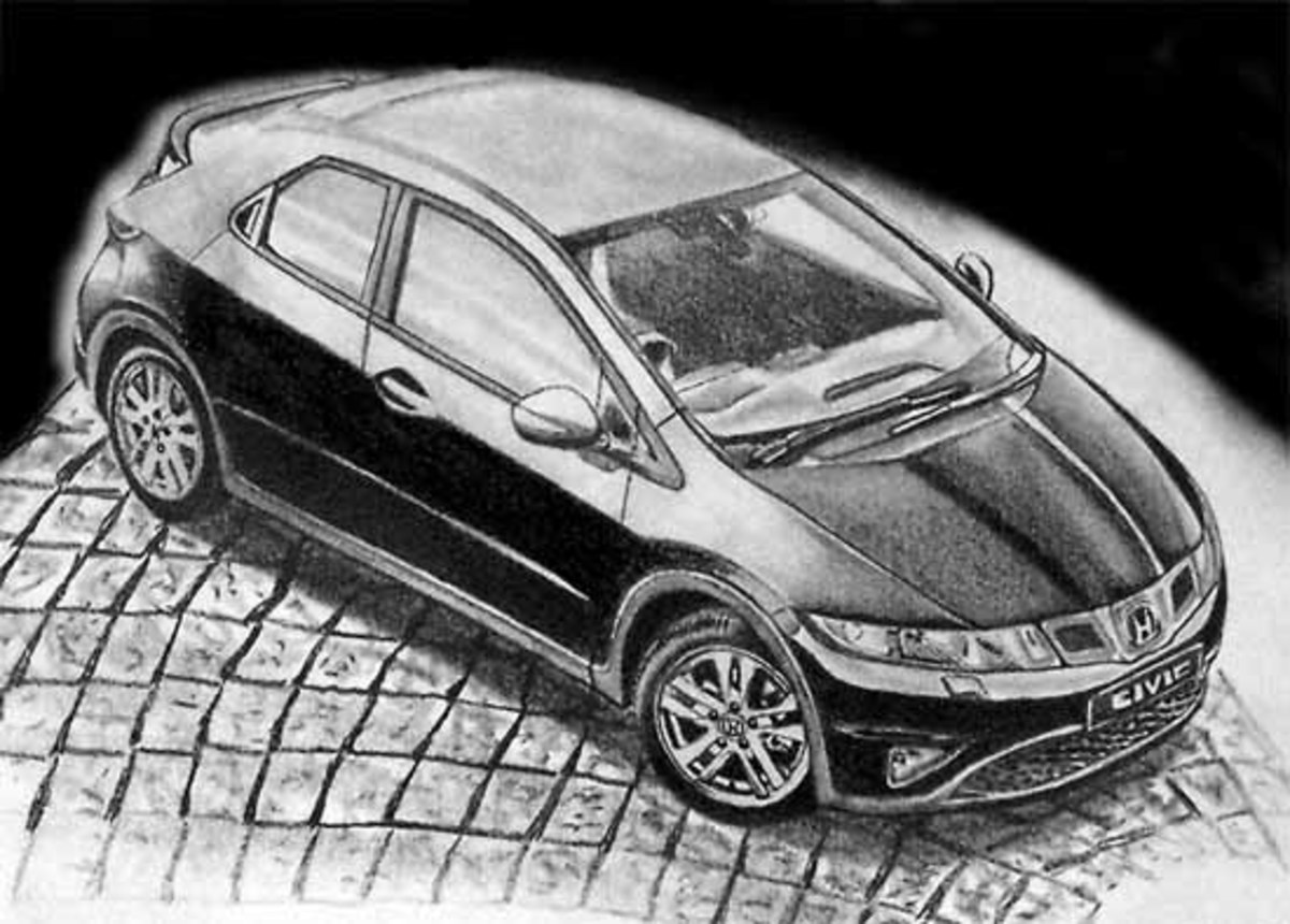 Honda Civic Five Door 2009 drawn with graphite pencil that has given me an idea that car emblems are interesting and reflect the times. 