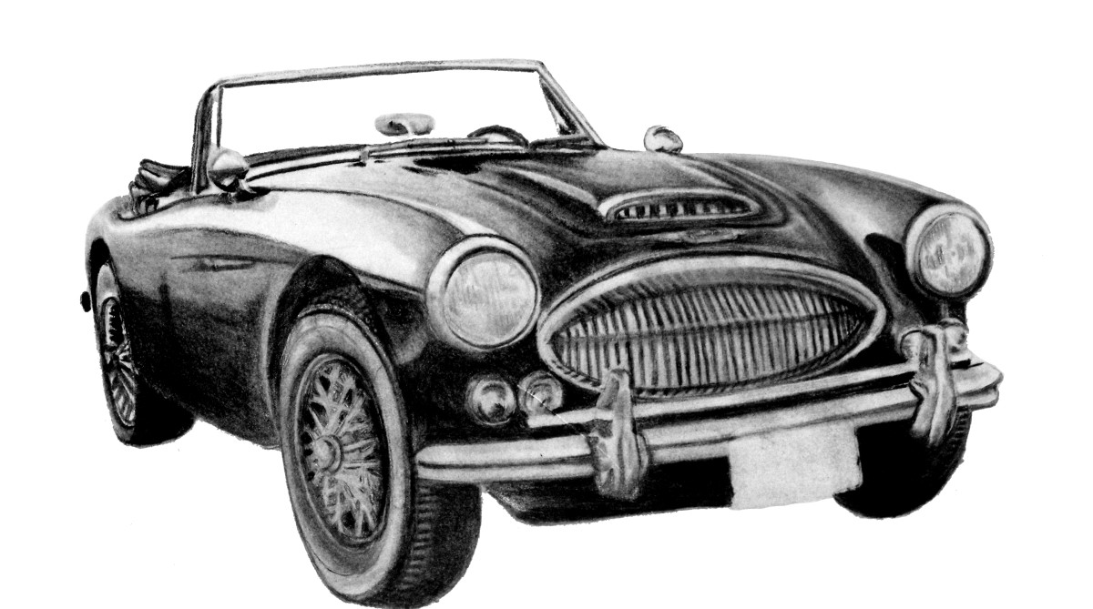 1967 Austin Healey 3000 Mk III, charcoal pencil drawing.