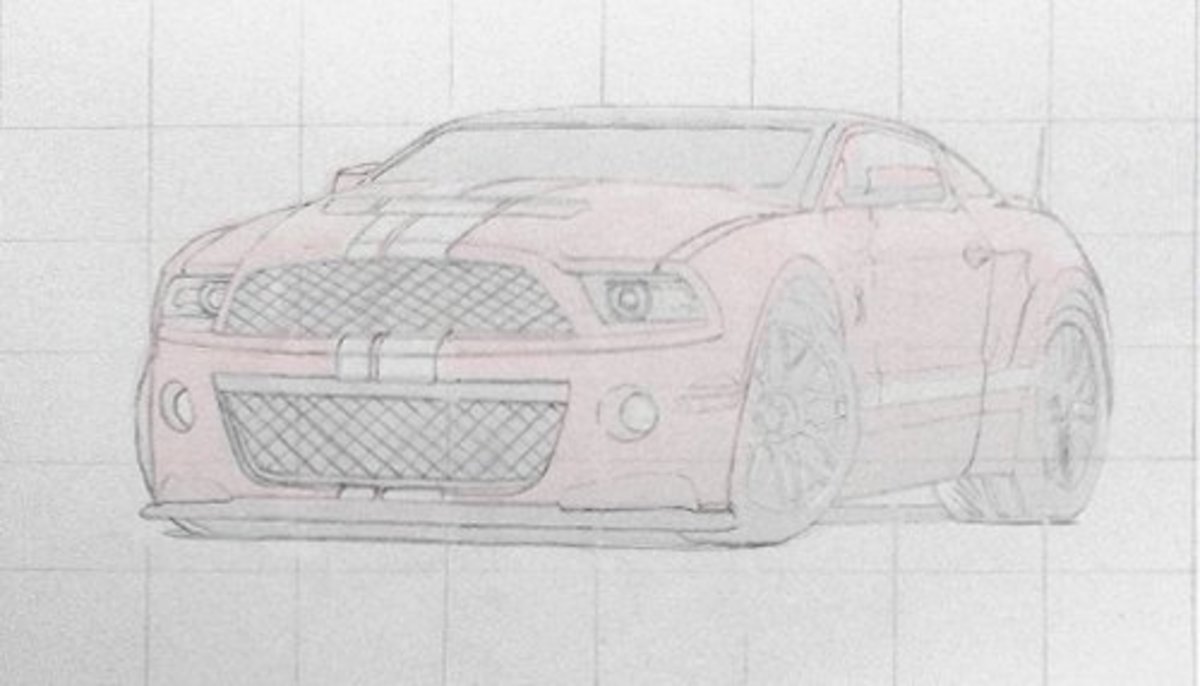 Grid drawing of a concept car. Mustang Red Rod Concept, drawing of a car.