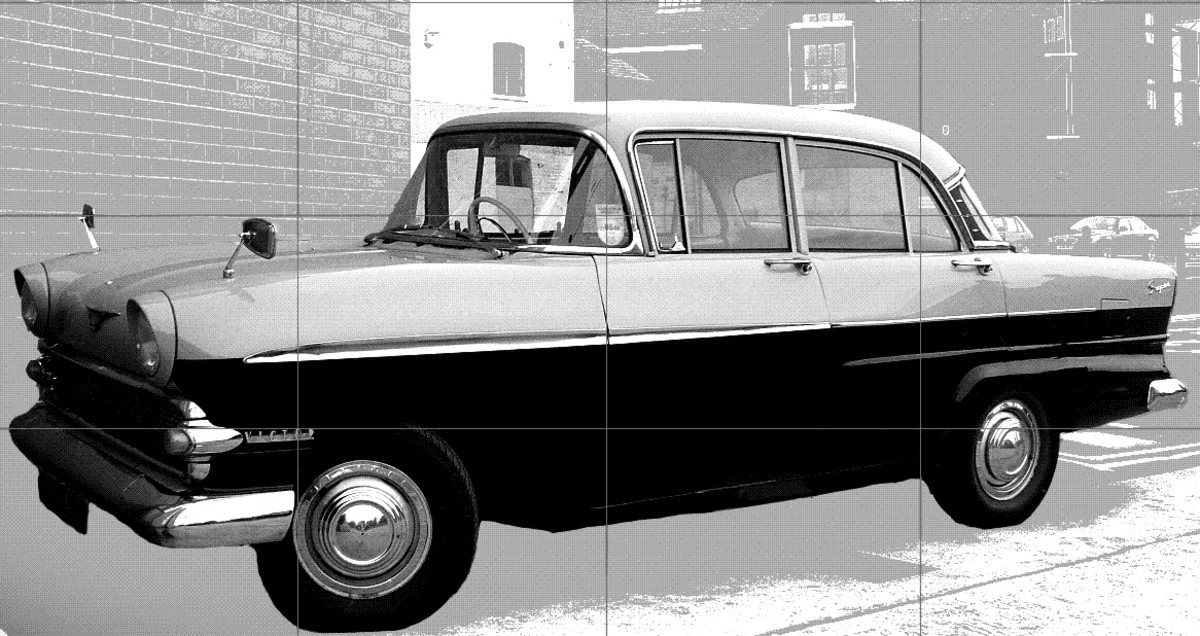 The 1950s Vauxhall Victor classic car restored to it's former glory with grid lines for drawing.