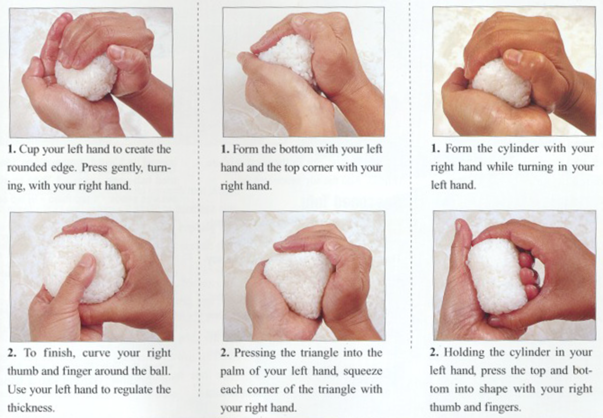 Here are pictures to show the different ways to shape round, triangular or cylindrical onigiri rice balls.  They can be left plain or stuffed with a filling.