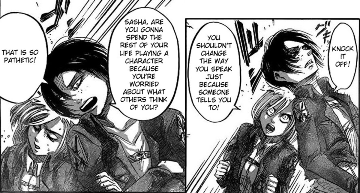 Ymir and Krista's different opinions about Sasha's polite speech.