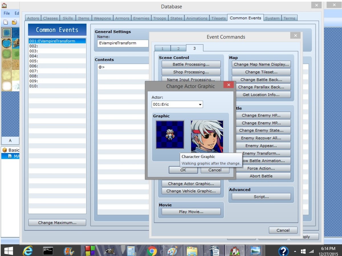 The Common Events tab is very nifty for making your characters do things they couldn't normally do inside battles.  Something to remember before grabbing a script that could crash your program.