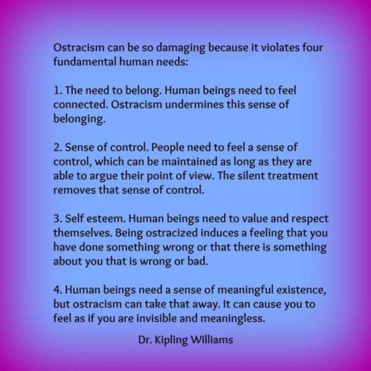 Quote by Dr. Kipling Williams of the Univerity of South Wales, video no longer available on YouTube.