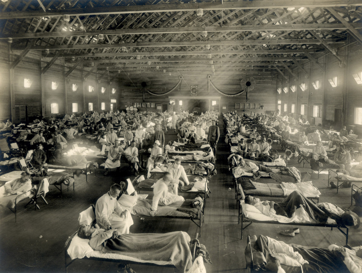 Soldiers from Fort Riley, Kansas, ill with Spanish influenza at a hospital ward at Camp Funston