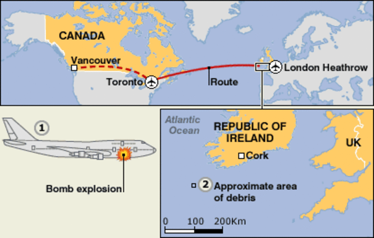 1 The bomb explodes at 0714 GMT on 23 June 1984 in a suitcase packed into cargo bin 52-left, which had been loaded at Vancouver. The explosion shattered a key bulkhead, sending the plane into a dive  2 The plane hits the sea, off the coast of Ireland