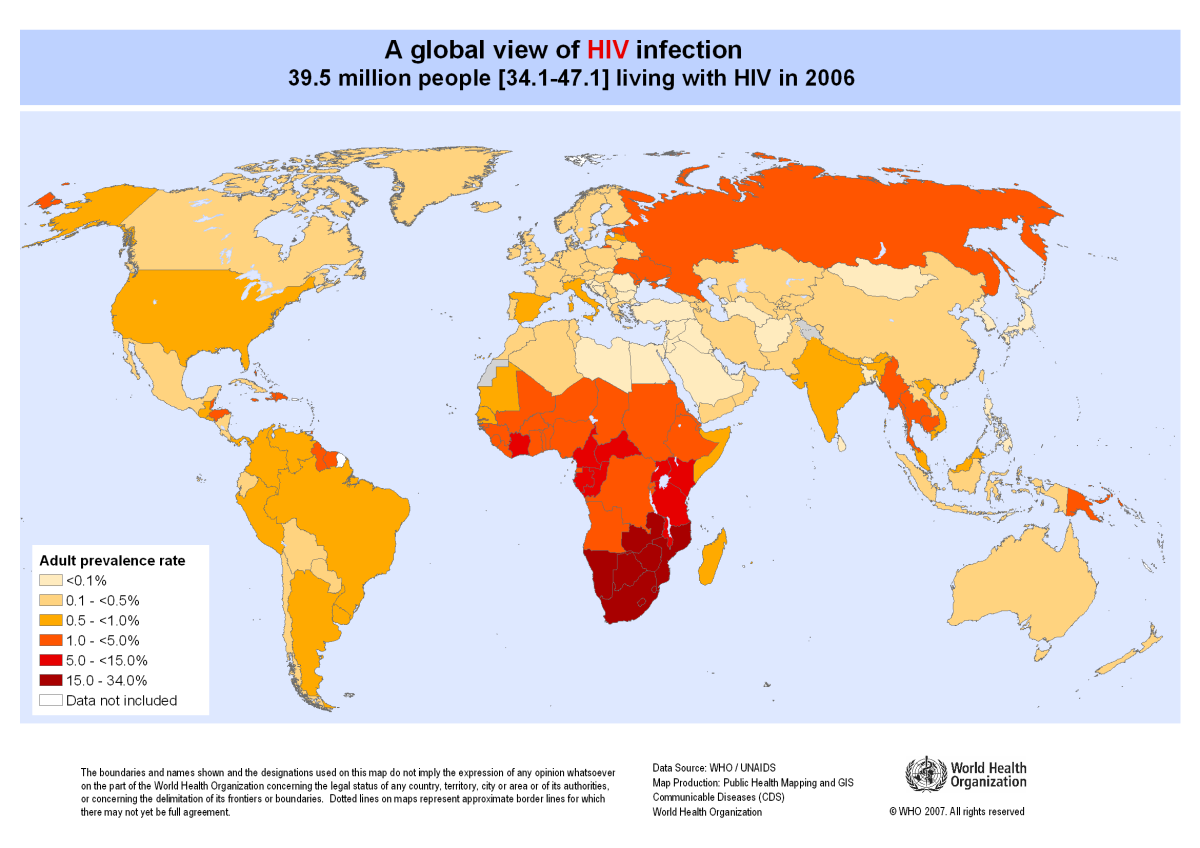A Global View of HIV Infection from 2006-2008. It is important to look at the adult prevalence color key on the bottom of the left on the Map. It is also important to note how some of the areas where slums are located are affected just as much