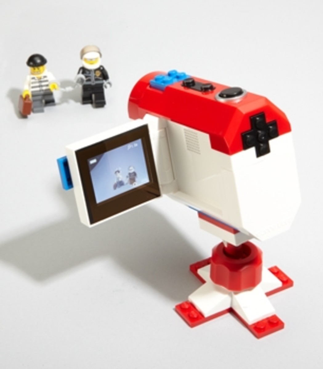 The Lego Stop Animation Video Camera in action showing the adjustable tripod and the viewing screen.