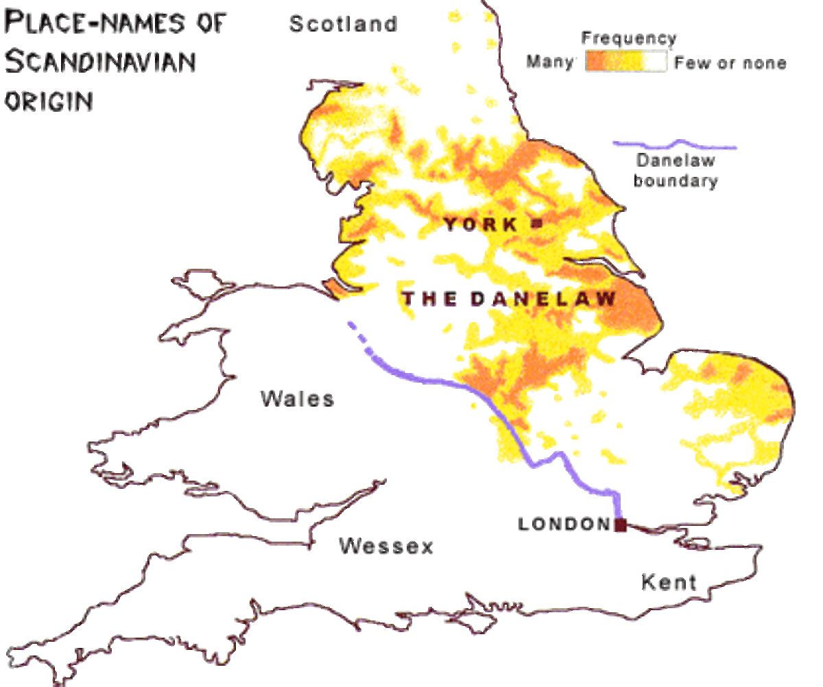 Distribution of Danish 'settlers' in the eastern shires between the River Lea (that enters the Thames on the esstern side of London) and the River Tees. This was the Danelaw 