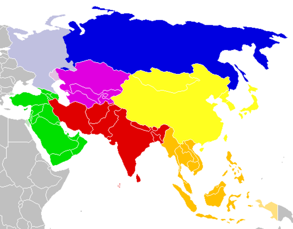 Blue-North Asia, Purple-Central Asia, Green-Southwest Asia, Red-South Asia, Yellow-East Asia, and Mustard-Southeast Asia - History of Yogurt, Yoghurt, Yogourt or Yoghourt  
