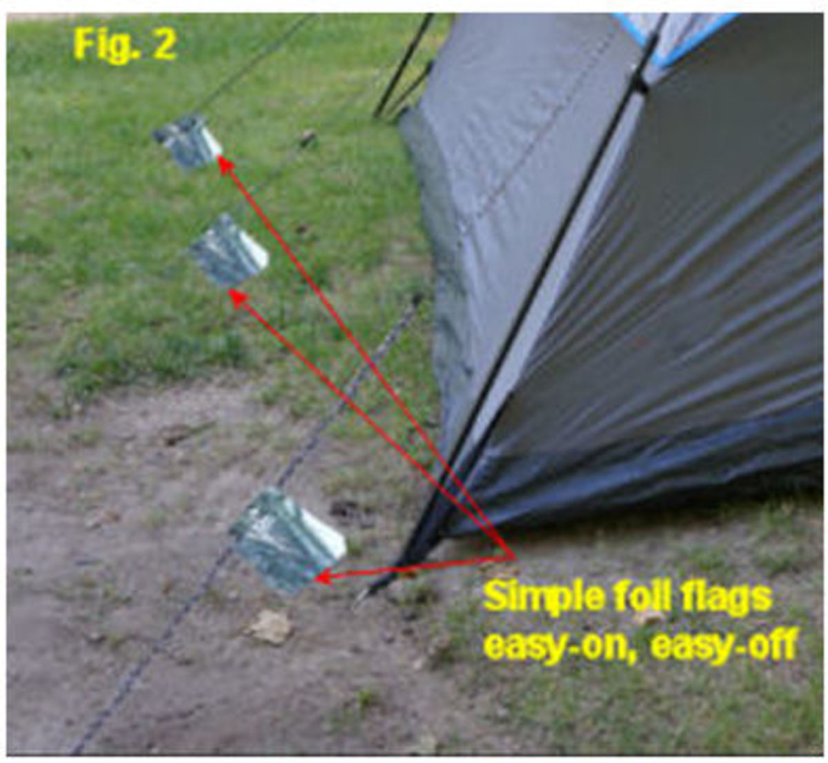Foil flags on camping tent guy lines