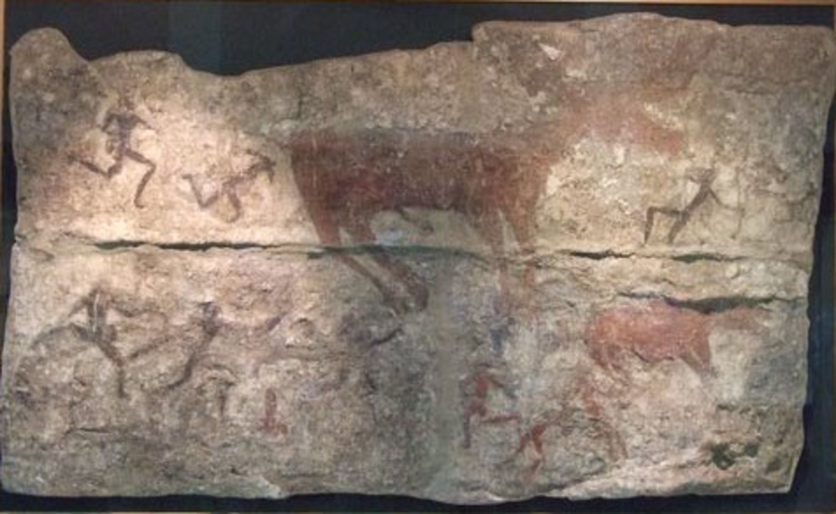 Fig 2. Wall mural from one of the dwellings at Catal Hoyuk, depicting an organized hunt. This drawing shows evidence that Catal Hoyuk hunted large game in organized groups.