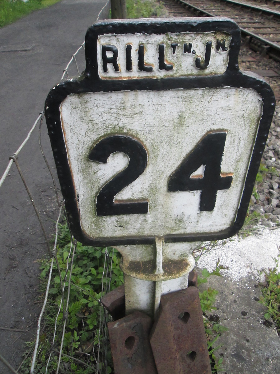 Close to Deviation Junction - Grosmont - on what is now the North Yorkshire Moors Railway we have a reminder of earlier days. A milepost measured from Rillington Junction on the York-Scarborough line (George Hudson's York & North Midland Railway)