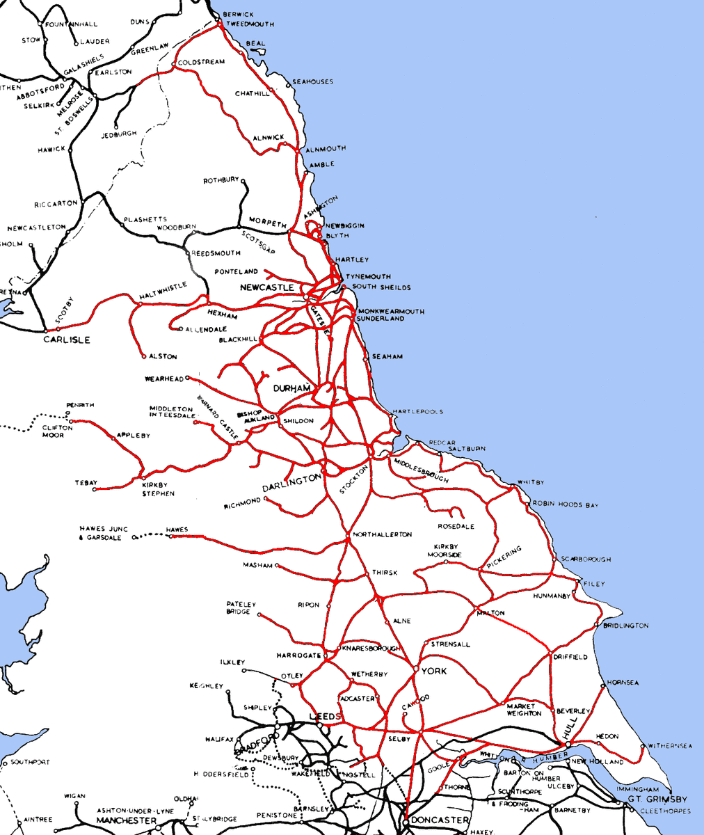 Route map of the North East with connections to other companies' lines - the NER was one of the richest, with a large slice of industry and the East Coast Main Line as well as many major cities (Hull, Leeds, Newcastle, Bradford, Durham, York)
